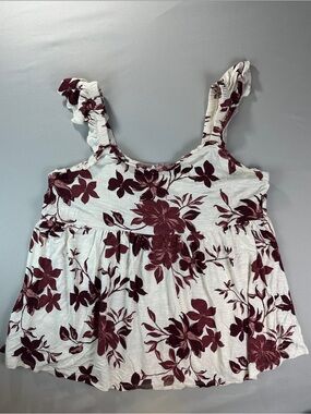 torrid White Tank Top Size 2 Burgundy Floral Print Ruffle Straps